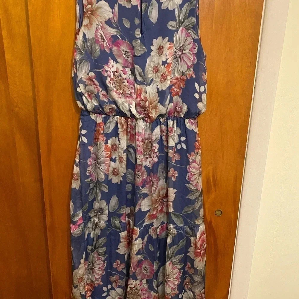 Laraq Silk Blend Denim Floral Maxi Dress Women’s Size Large - Picture 2 of 10